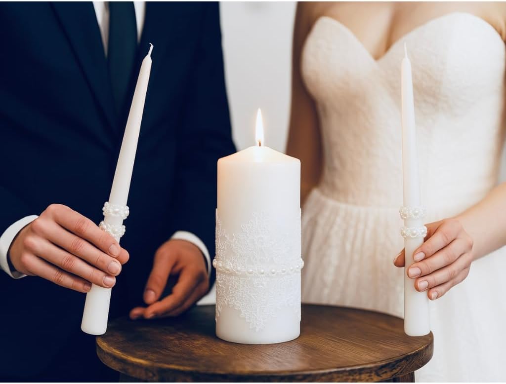 Unity Candle Set - Wedding Ceremony & Reception – 6” Pillar & Two 10” Taper Candles – Long Burning Unity Candles for Marriage Ritual – Handmade in USA – White | Lace