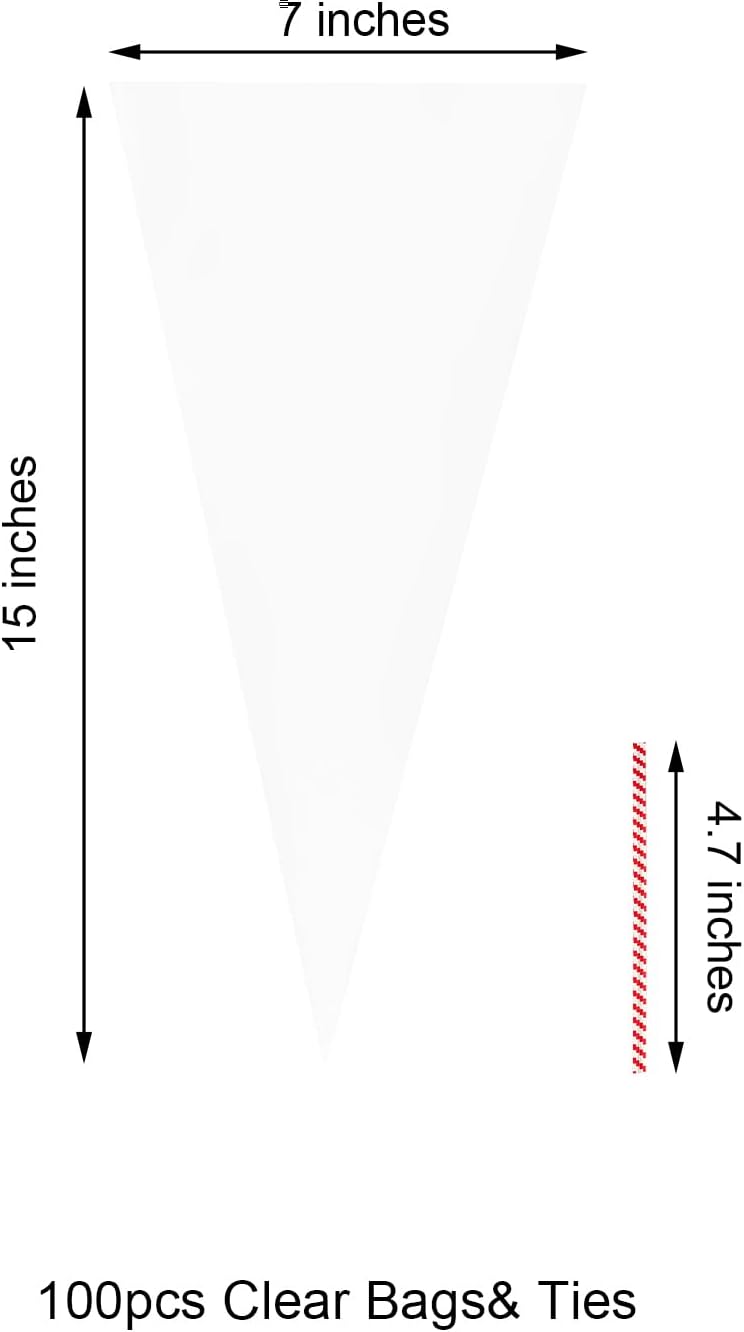 EKAPACKAGING 100Pcs 7x15 Inches Clear Cone Shaped Treat Cellophane Bags Twist Tie Triangle Christmas Party Favor Cotton Candy Bags With Ties For Popcorn, Chocolates, Ice Cream Cone