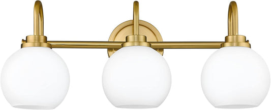 Gold Bathroom Light Fixtures, 3 Light Gold Modern Bathroom Light Fixtures Over Mirror with White Milk White Globe Glass Shade for Bathroom