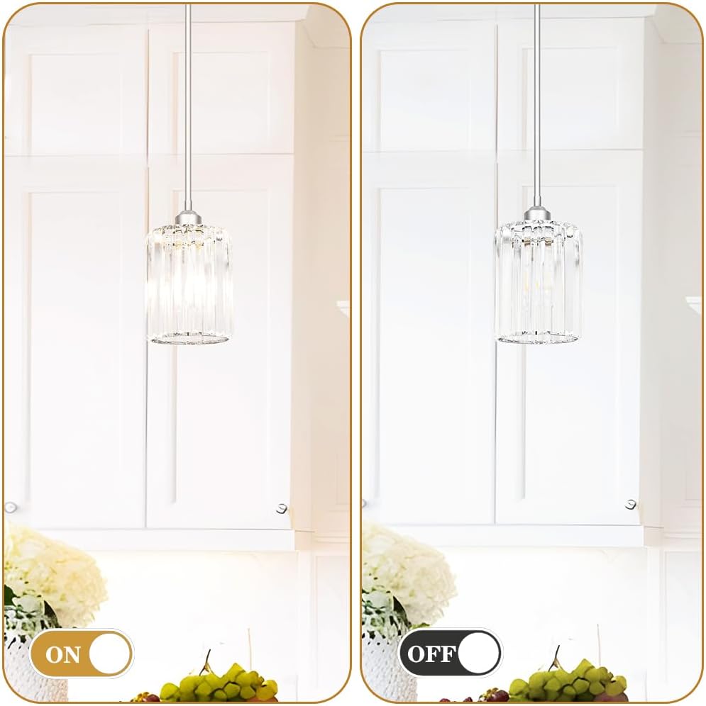 Chrome Kitchen Pendant Lights Over Island with Adjustable Rods - Crystal Pendant Lighting Fixtures 3 Pack, Ideal Over Dining Table or Bar, E26 Bulb Compatible, No Electrician Needed