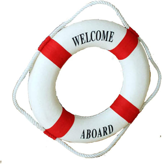 MorroMorn Lifebuoy Wall Hanging Decor - Welcome Aboard Mediterranean Style Home Decoration (Red, 20")