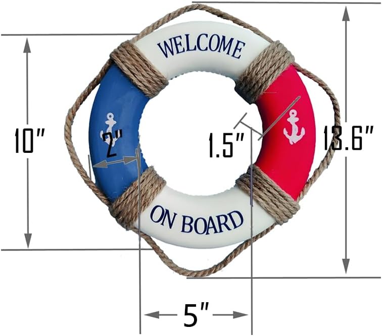 MorroMorn Lifebuoy Wall Hanging Decor - Welcome Aboard Mediterranean Style Home Decoration Hemp Rope (Red & Blue, 10")