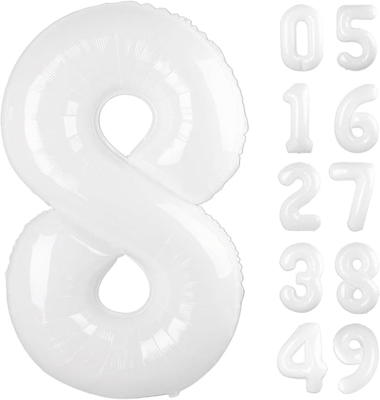 White Foil Number 8 Balloon 40 Inch, Helium Mylar Eight Number 8 18 28 38 48 58 80 88 Birthday Balloons, 8th White Women Men Wedding Anniversary, Graduations Party Supplies