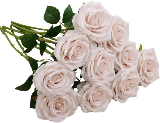Artificial Rose 10pcs Open Flower Bouquet Faux Rose Stems for Wedding Arrangement, Bridal Bouquet, Centerpiece, Fake Faux Silk Flowers (Nude)