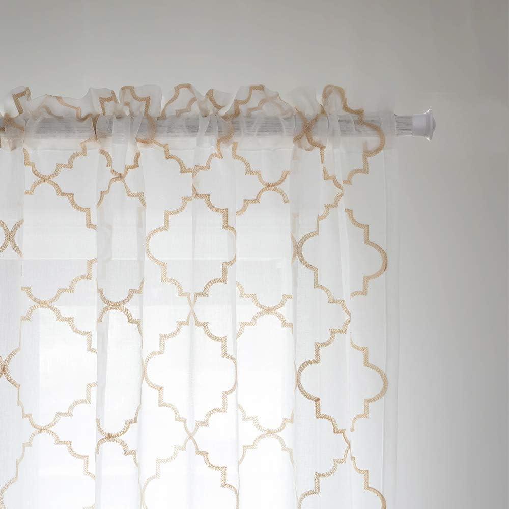 Embroidery Sheer Curtains Gold 45 Inch Length, Rod Pocket Voile Drapes for Living room, Bedroom, Embroidered Moroccan Tile Lattice Design Window Semi Curtains for Patio, Yard, 2 Panels, 52"x 45".