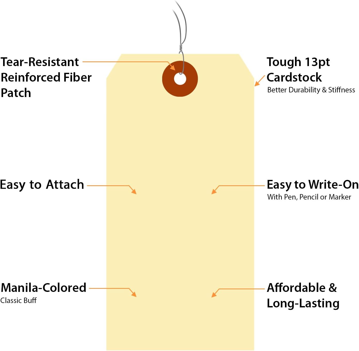 SmartSign Blank Manila Shipping Tags with Wire, Size-6, Pack of 100, 13pt Thick Prewired Cardstock Tag, 5.25 x 2.625 inch Paper Hang Tags with Reinforced Fiber Patch