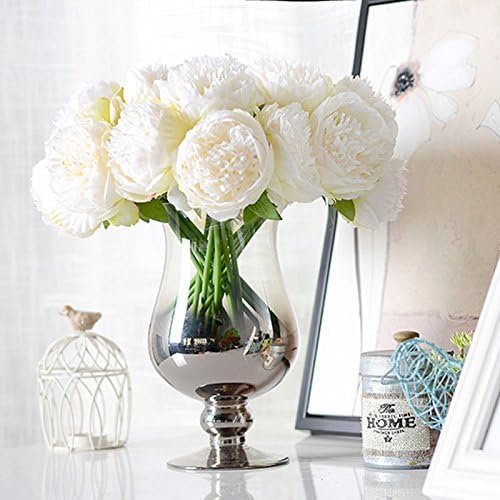 U'Artlines 2 Bouquet 10 Heads Artificial Peony Silk Flower Leaf Home Office Wedding Party Festival Bar Decor (Cream White)