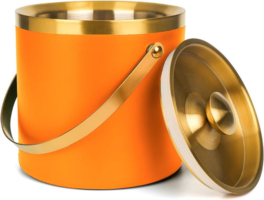 3L Double Wall Insulated Stainless Steel Ice Bucket with Strainer for Cocktail Bar,Metal Ice Bucket for freezer with Lid for parties.ice Container to Keep Ice Colder,bar cart accessories(Orange)