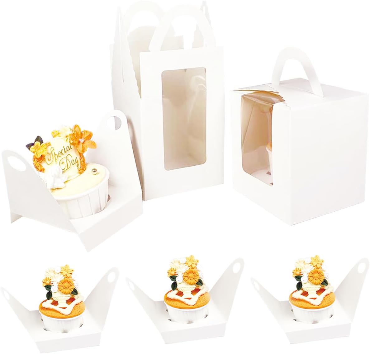 Bakepacker Auto-pop up Individual Cupcake Boxes with Window 25 Count White Single Cupcakes Box 3.6 x 3.6 x 4.3inch Cupcake Carrier