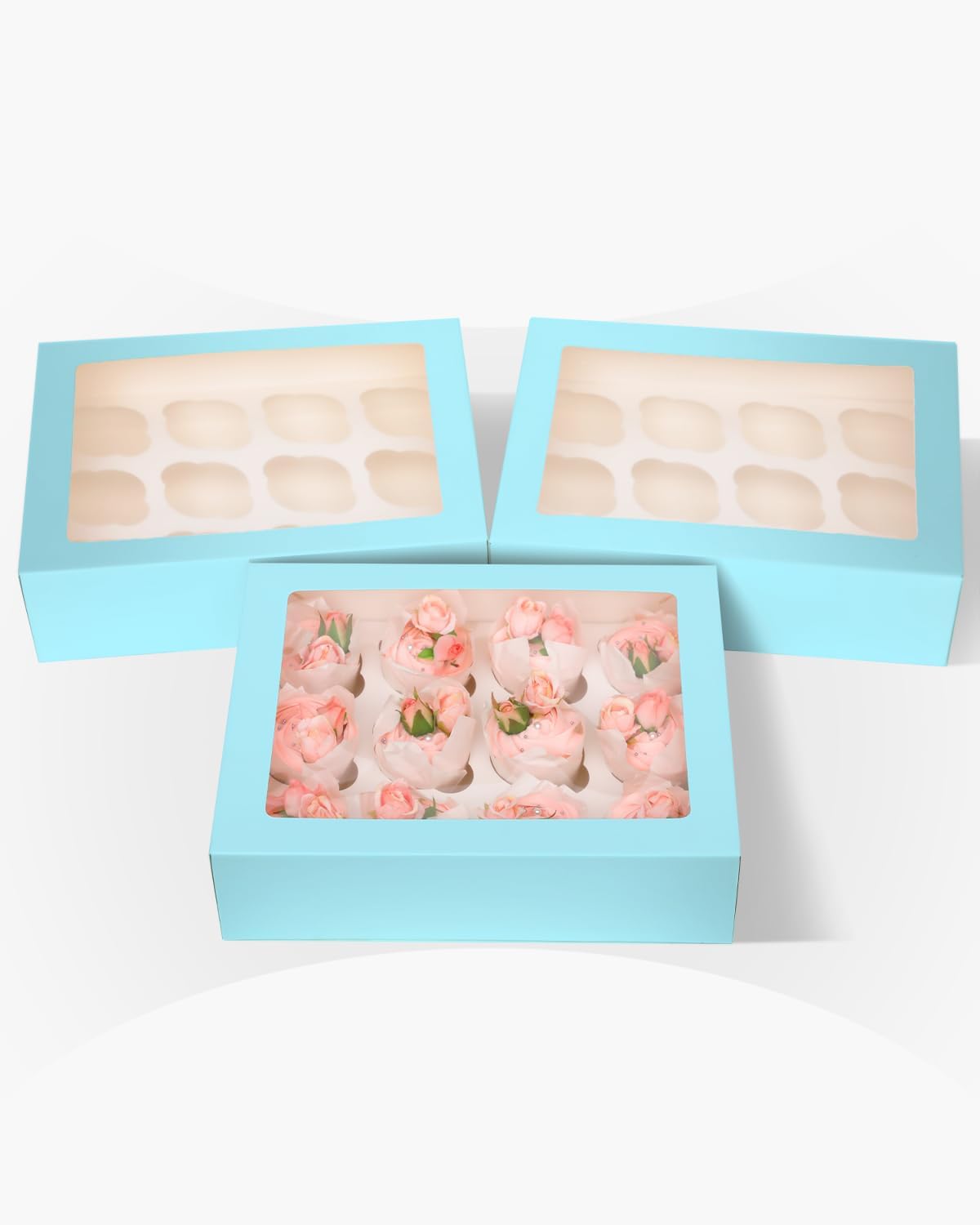 12 Cupcake Containers 10-Packs Light Blue Cupcake Box Cupcakes Carrier, 12 Cupcake Boxes with Window 13"x10"x3.5"（Auto-pop up）