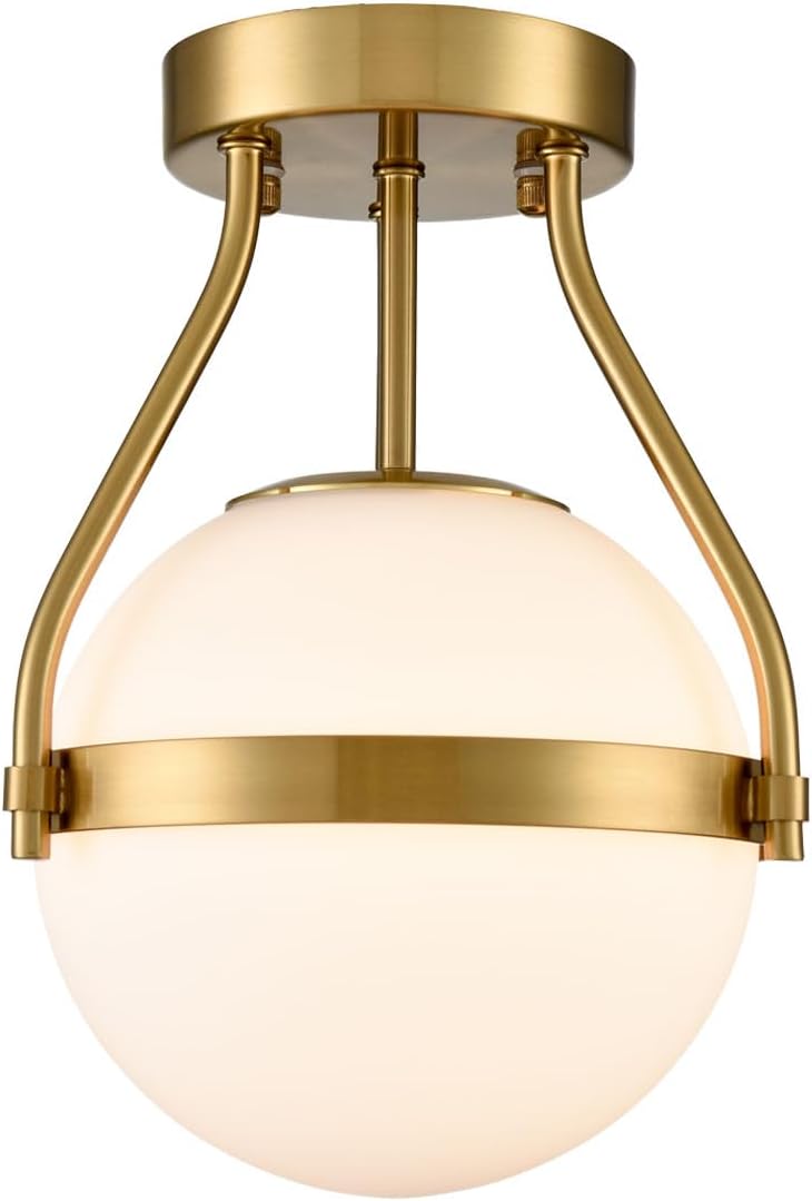HOLKIRT Modern Semi Flush Mount Light, Mid Century Style 7Inch/18CM Brass Globe Ceiling Light with Opal Glass for Kitchen, Hallway, Bedroom