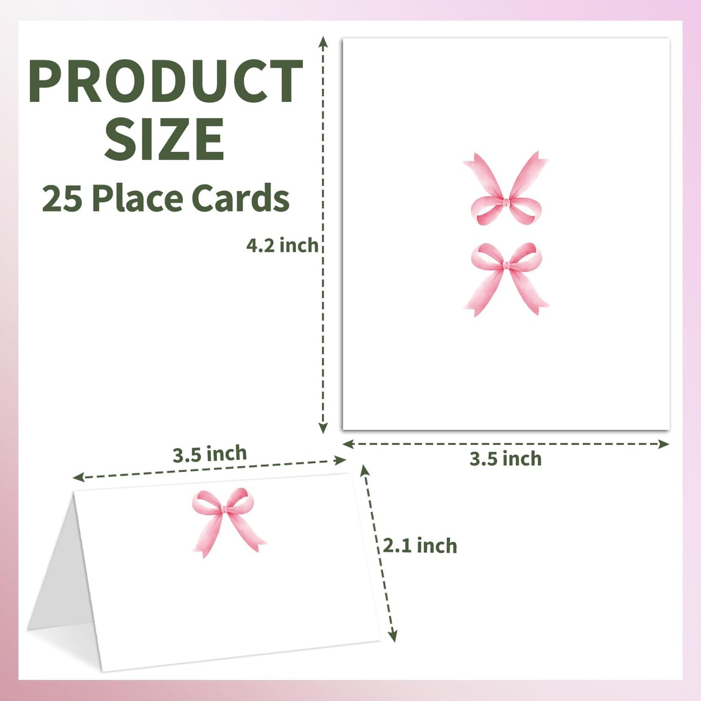 25 Pink Bow Place Cards for Table Seating, Watercolor Wedding Name Place Card, Tent Cards for Birthday Bridal Shower Baby Shower Reception Dinner Party Decorations -A23