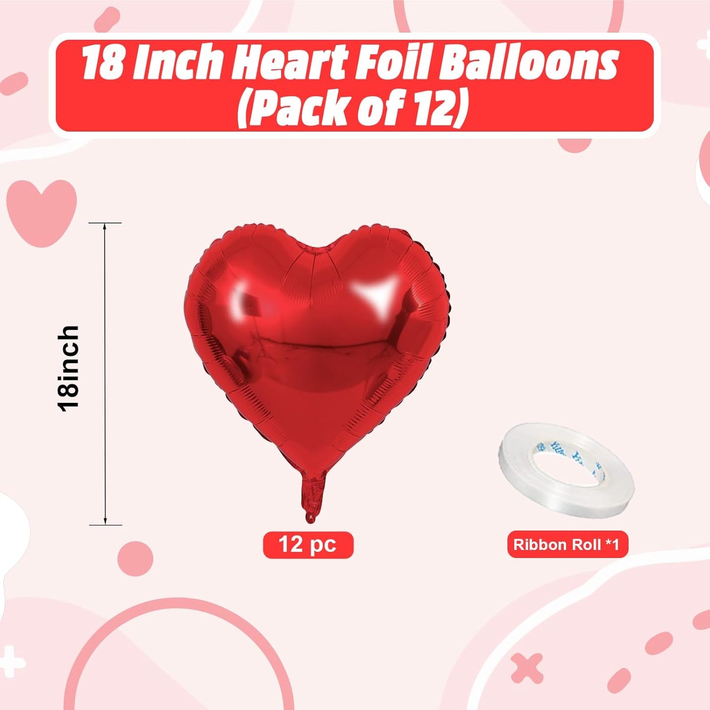 Red Heart Balloons, 18 Inch Red Heart Foil Shape Balloon, 12PCS Large Love Foil Helium Romantic Balloons for Birthday Baby Shower Marriage Wedding Bridal Engagement Anniversary Party Decoration