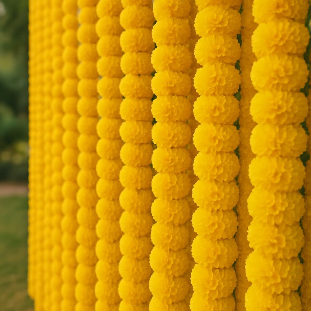 Artificial Marigold Flowers Garland for Diwali Decoration, American Wedding Party, Mantle Decoration, Faux Garlands, Wedding Garland, Spring Bush Floral - 5 String - (Yellow | 4 to 4.5 ft) Hashcart®