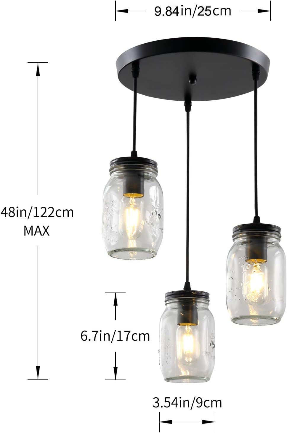 Mason Jar Light Fixtures, 3 Lights Farmhouse Mason Jar Pendant Light, Glass Jar Chandelier Country Adjustable Hanging Ceiling Lighting for Kitchen Dining Room Hallway