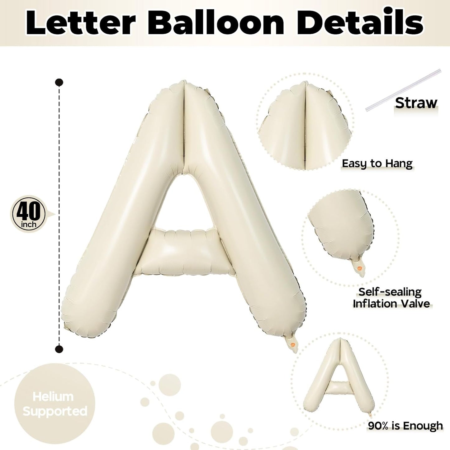 Cream A Letter Balloons, 40 Inch Alphabet Foil Name Beige, Large Self Inflating Letters A, White Sand Mylar Helium Custom for Girls Birthday Party Baby Shower Decoration
