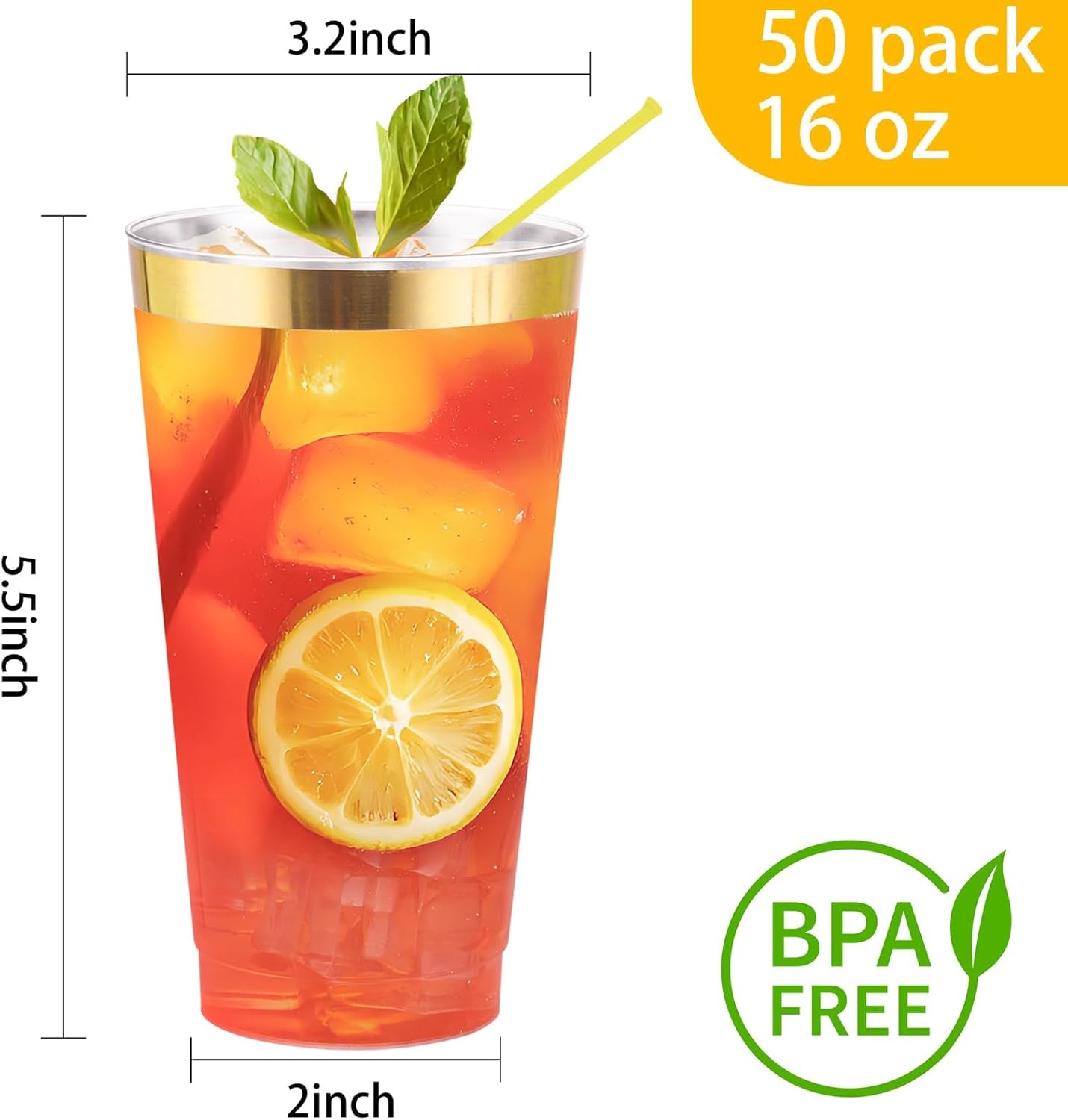 I00000 16 oz Gold Plastic Cups, 50 Pack Clear Plastic Cups Tumblers Gold Rimmed Disposable Cup, Heavy-duty Disposable Cup Perfect for Halloween, Thanksgiving and Christmas Parties