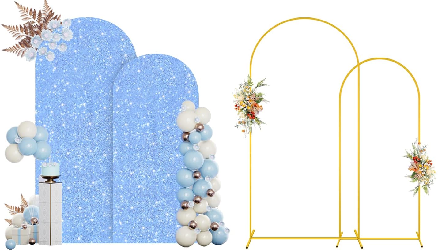 MODFUNS Metal Arch Backdrop Stand and Cover 6&7.2ft Baby Blue Glitter Arch Cover Set of 2 Gold Arch Stand with Covers Double Sided Sequins Arch Covers for Wedding Ceremony Birthday Party Decoration