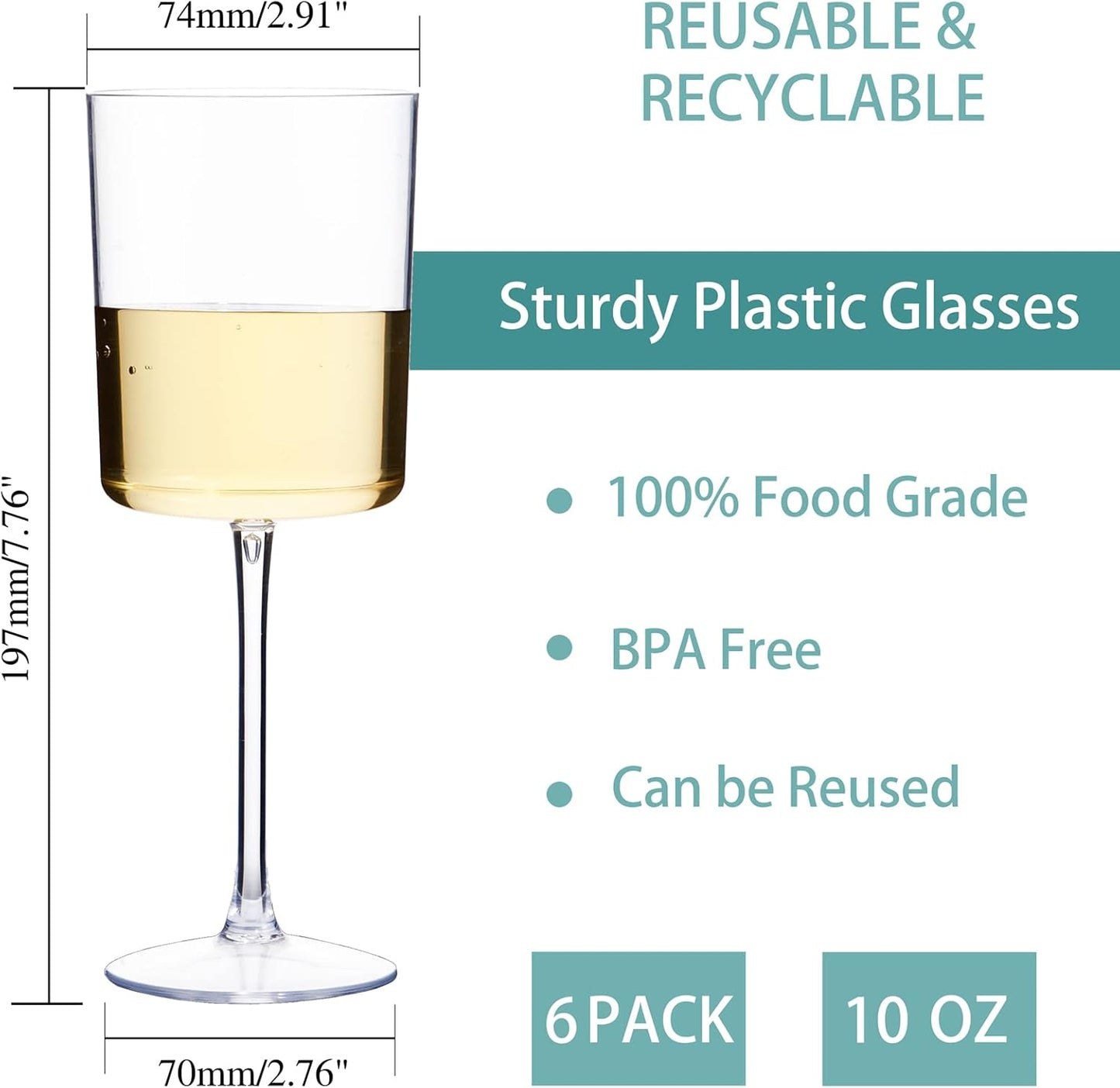 Ciaell 6 Pack Plastic Wine Glasses - 10 Oz Plastic Disposable Wine Glasses with Stem Perfect for Parties & Weddings & Poolside & Outdoors & Camping