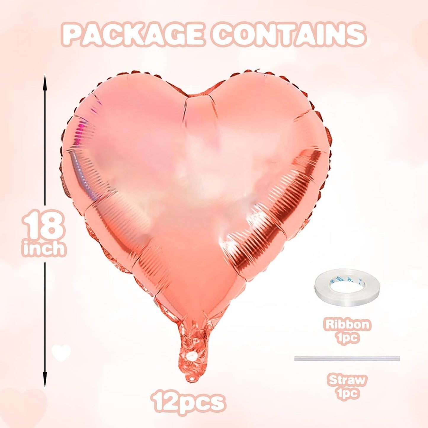 12 Pcs Heart Balloons, 18 inch Rose Gold Heart Shaped Balloons, Big Foil Helium Balloon, Love Balloon for Wedding Baby Shower Anniversary Backdrop Valentine Party Decorations