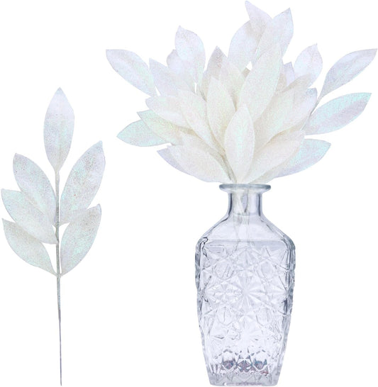 GREENTIME 12 Pack Artificial White Glitter Leaves 13" Fake Christmas Picks Decorative Glitter Sticks for Vase Christmas Tree DIY Wreath Crafts Fireplace Decor