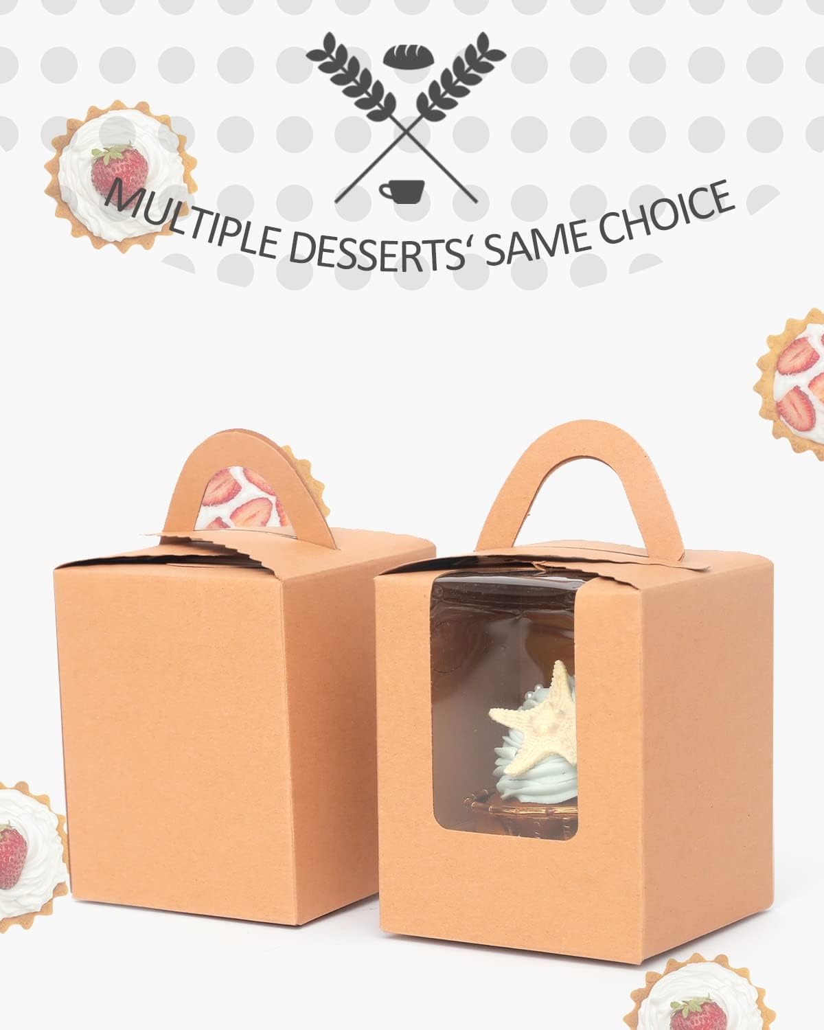 qiqee 100pcs Cupcake Containers Individual Brown Cupcake Holders Disposable Kraft Single Cupcake Boxes with Window 3.7" 3.7"*4.5" Cupcake Boxes