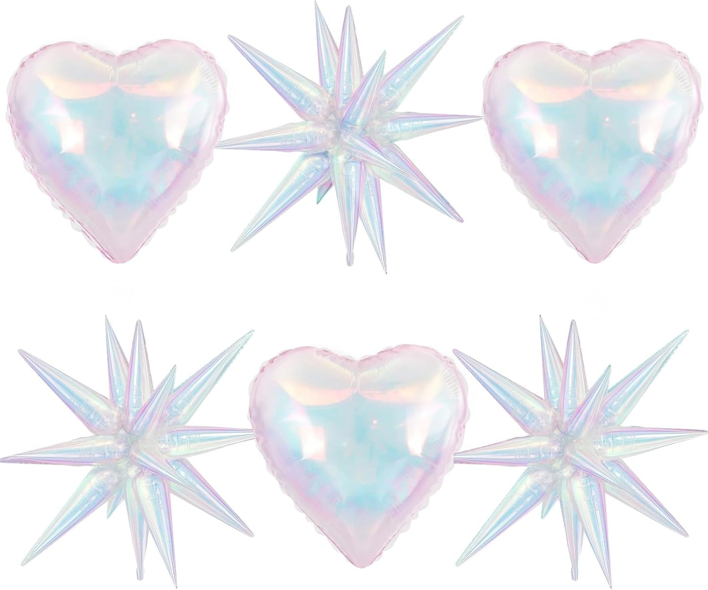 6Pcs Iridescent Foil Balloons, 22" 18" Heart Explosion Star Iridescent Balloons Large Holographic Clear Foil Balloon for Birthday Baby Shower Mermaid Rainbow Wedding Party Supplies