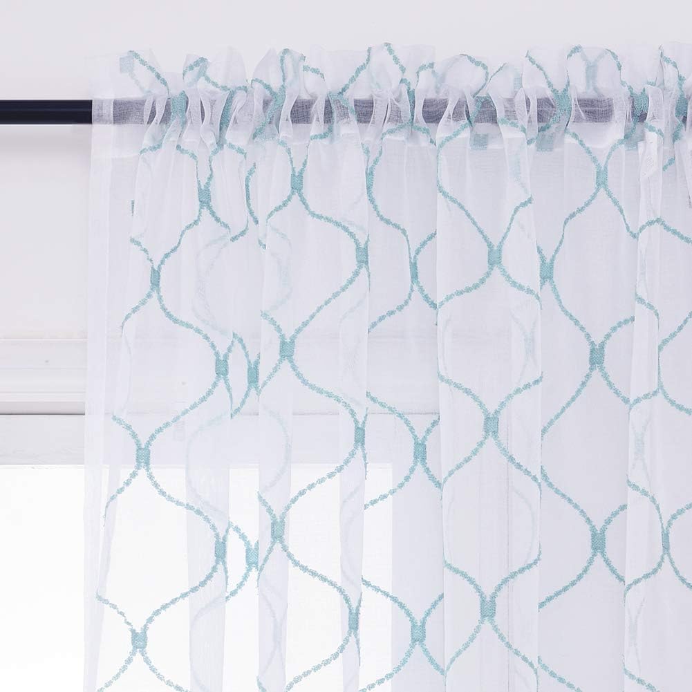 Embroidery Sheer Curtains Blue 84 Inches, Rod Pocket Voile Drapes for Living room, Bedroom, Window Treatments Wave Diamond Semi Crinkle Curtain Panels for Yard, Patio, Villa, Set of 2, 52"x 84".