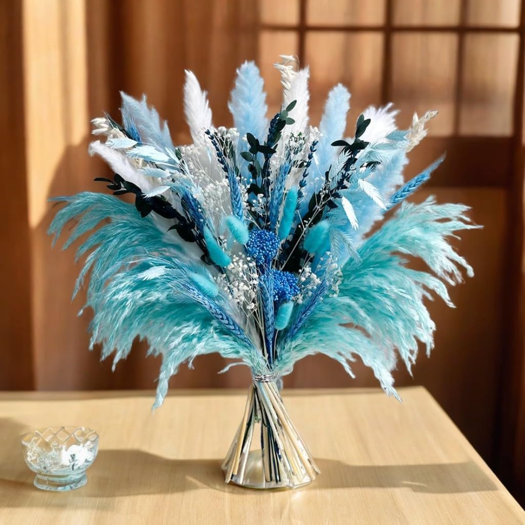 Blue Dried Flowers Bouquet with Pampas Grass - Boho Home Decor and DIY Floral Arrangements for Bedroom, Office, and Wedding Centerpieces
