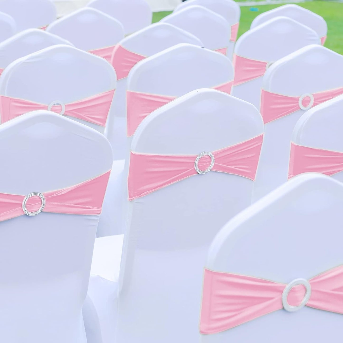 CHENGU 150 Pieces Spandex Stretch Chair Sashes Bows Elastic Chair Cover Bands Ties with Buckle Slider for Wedding Party Reception Events Universal Ceremony Banquet Decorations (Pink)