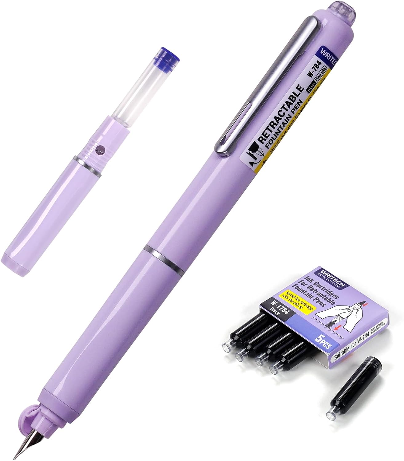 WRITECH Fountain Pen Fine Nib: Retractable Black Ink Pens Set Includes 5 Ink Cartridges Smooth Writing for Calligraphy Sketching Journaling Gift (Purple)