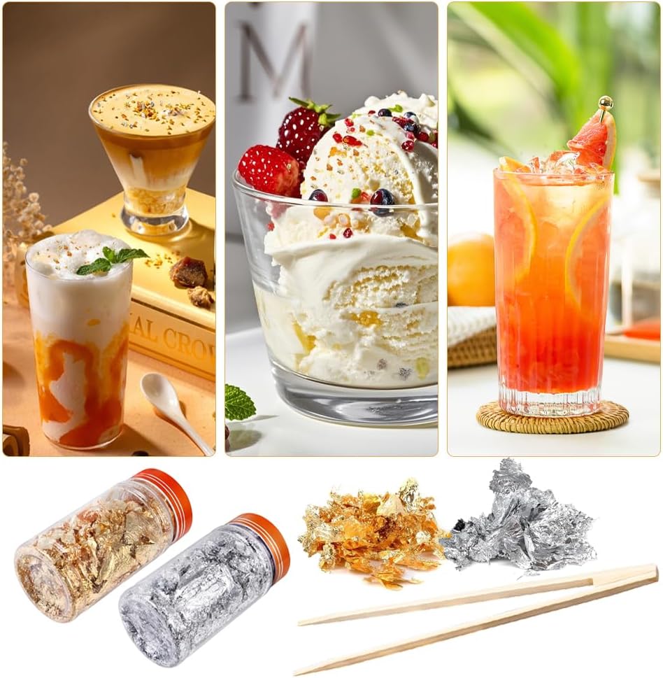 Joyzan Gold Flakes, Gold Foil Leaf Decoration Imitation Metallic Chocolates Baking Sheet Cake Decor Tweezers Resin Cooking Dessert Makeup Nail Art DIY Craft Jewelry Making Painting Slime 20g 2 Bottles