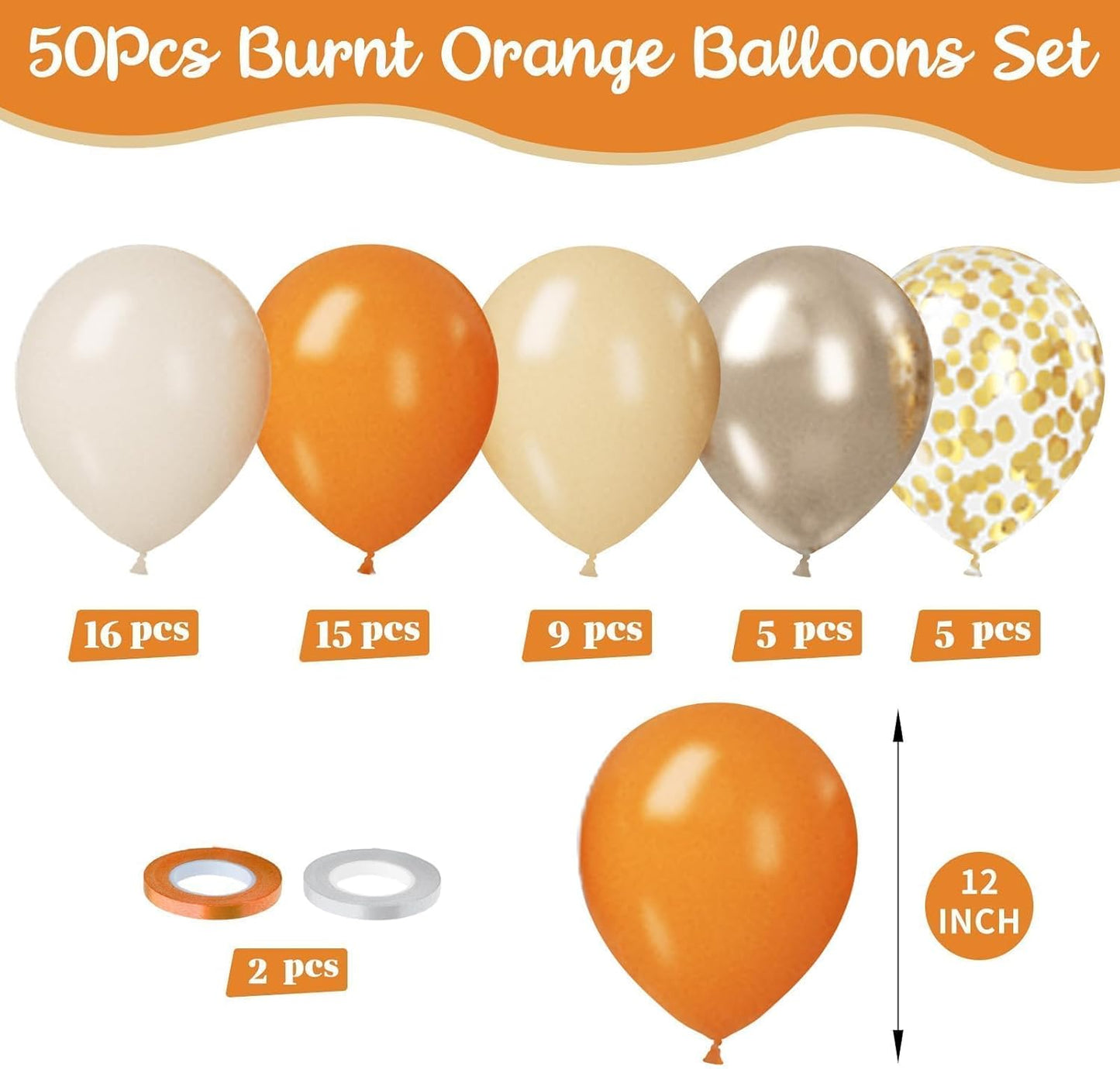 Paready Burnt Orange Balloons Set, 50Pcs Orange and Apricot Balloons, 12 Inch Metallic Confetti Gold Sand White Apricot Balloon for Baby Shower Thanksgiving Tropical Fall Party Supplies