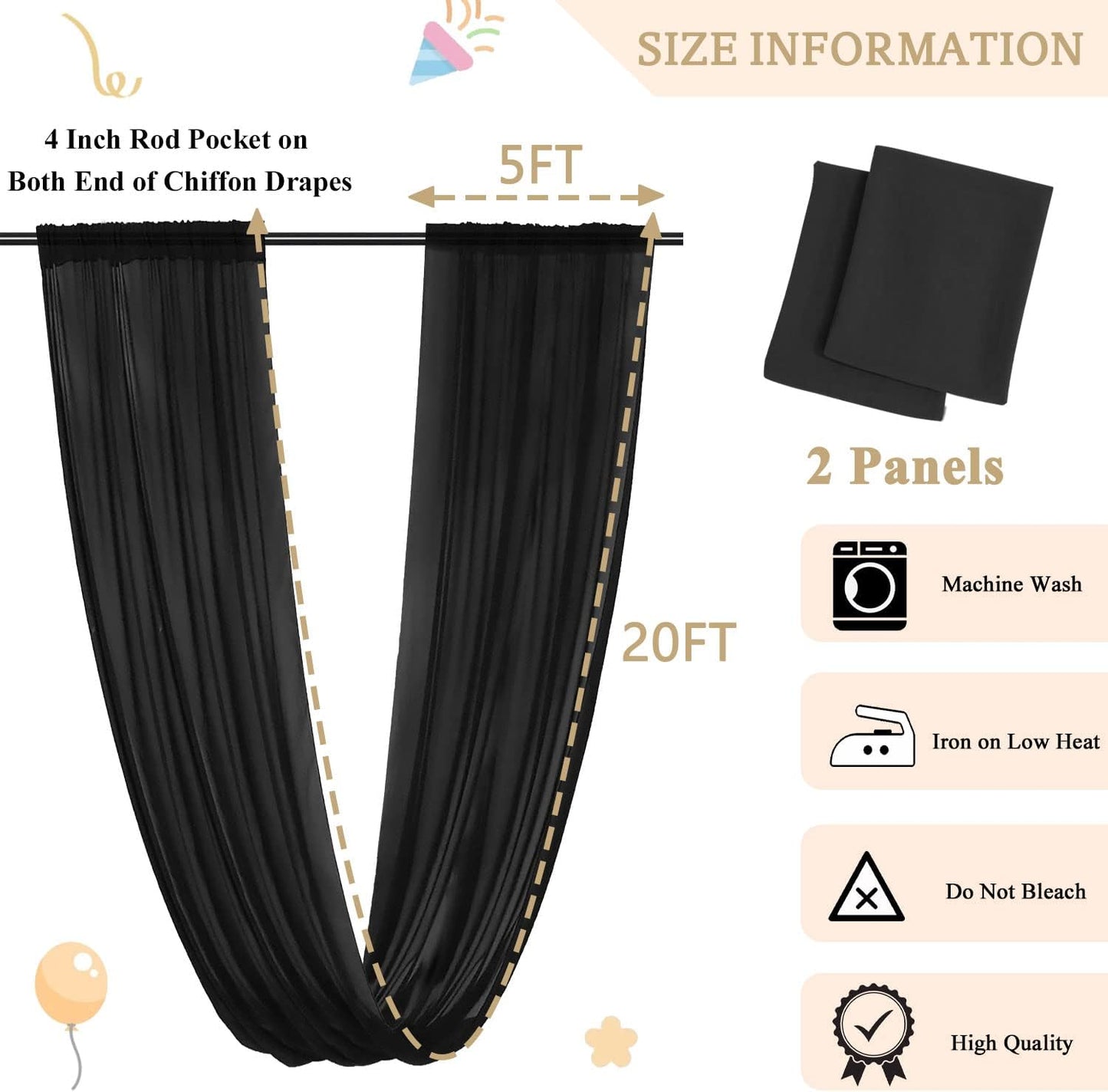 MODFUNS Black Ceiling Drapes for Weddings 2 Panels 5x20 FT Chiffon Wedding Arch Drapes Sheer Curtains Ceiling Decorations Tulle Drapery for Ceremony Archway Draping Fabric for Hallway Tent Stage Party