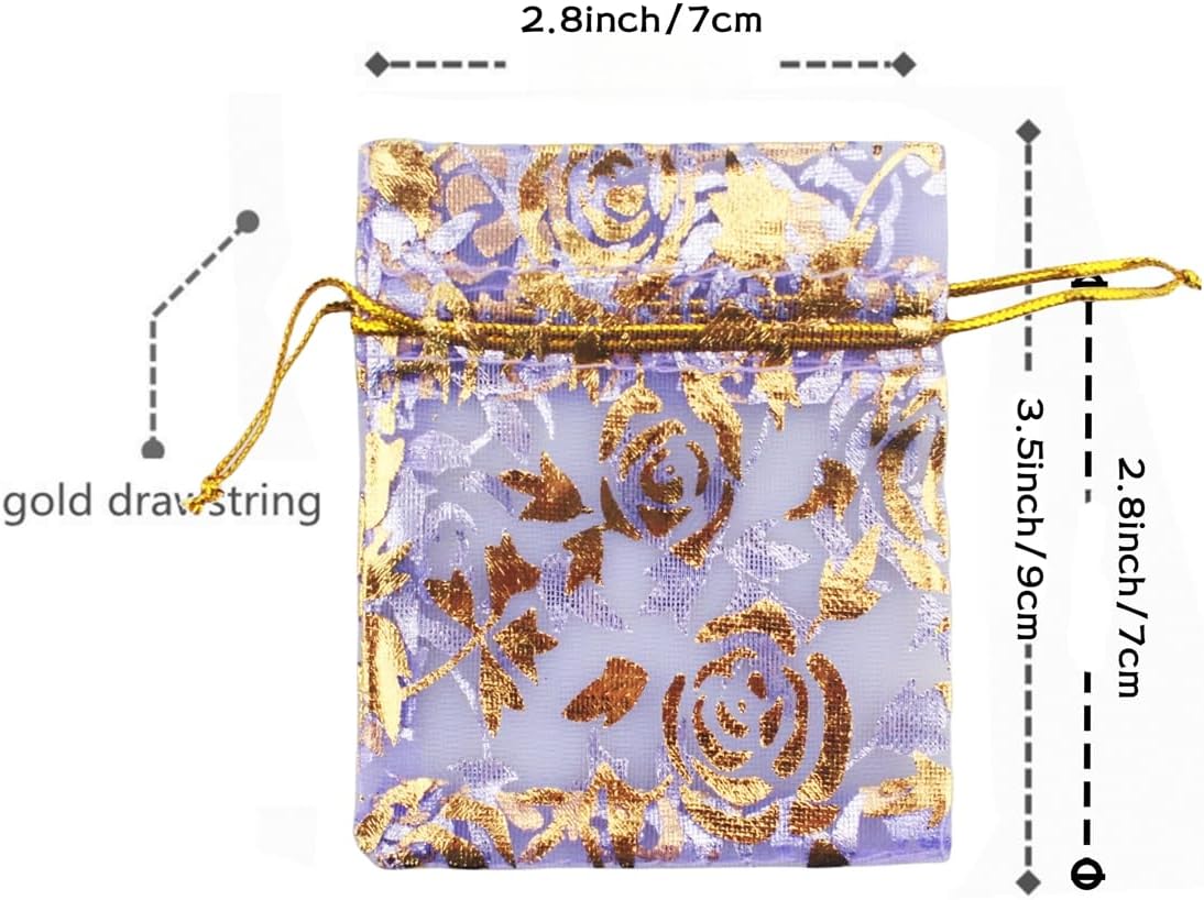 QIANHAILIZZ 100 Pack 2.8 x 3.5 Inch Flower Heart Organza Jewelry Gift Pouch Candy Pouch Drawstring Wedding Favor Bags B511S (lilac gold flower)