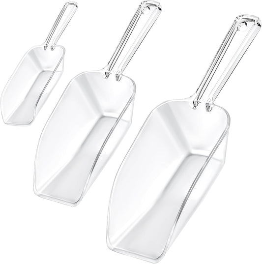 3 in 1 Clear Plastic Ice Scoop Set, Small Acrylic Serving Scoops for Candy Buffet, Canisters, Dry Goods Multi-Purpose Kitchen Mini Food Scoop for Coffee, Flour, Sugar, Salt, Wedding Desserts (L&M&S)