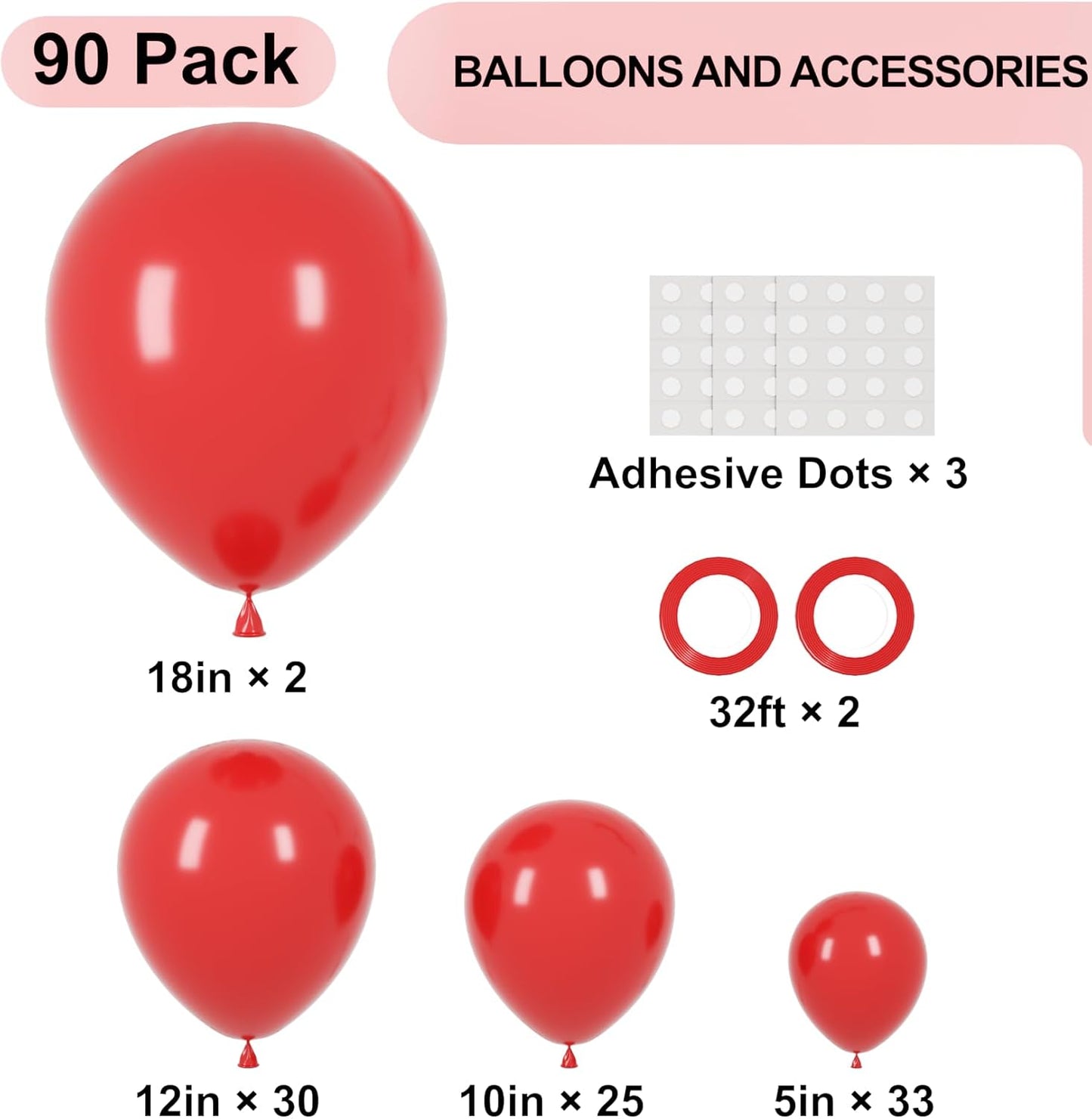 90pack Red Balloons Different Size 18/12/10/5 Inch Red Balloon Garland Arch Kit for Valentine's Day, Graduation, Wedding, Birthday, New Year, Baby Shower, Christmas Party Decorations