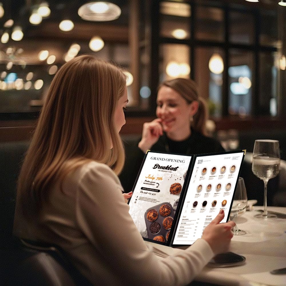 Goodsmart Restaurant Menu Covers – 25 Pack Black 8-View Booklet 8.5" x 14", Side-Loading Vinyl & Plastic Menu Holders, Clear Menu Sleeves, Leather-Style Café Covers with Gold Corners