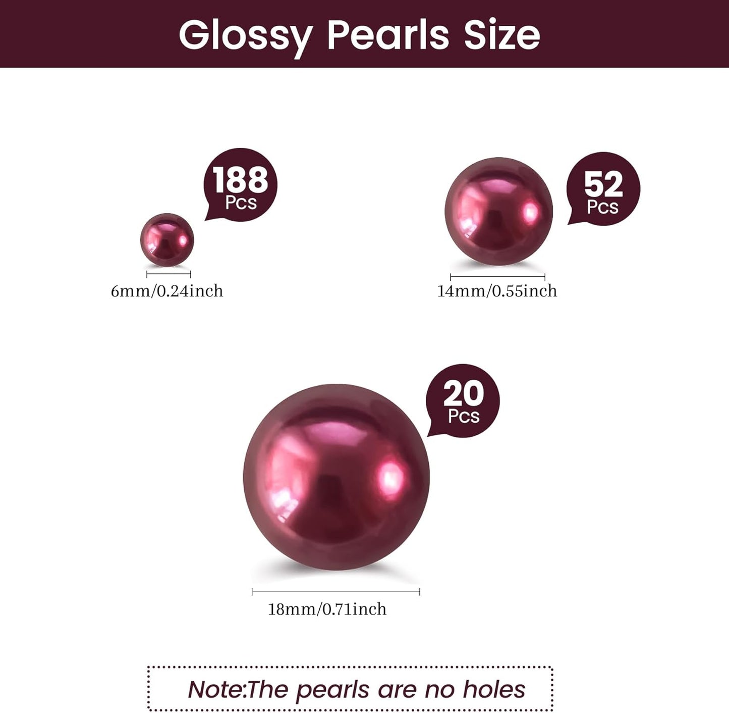 260Pcs Burgundy Glossy Beads for Centerpiece Decor, Artifical Pearls Vase Filler, No Hole Round Pearl Beads for Wedding Birthday Christmas Party Home Decor(18mm 14mm 6mm)