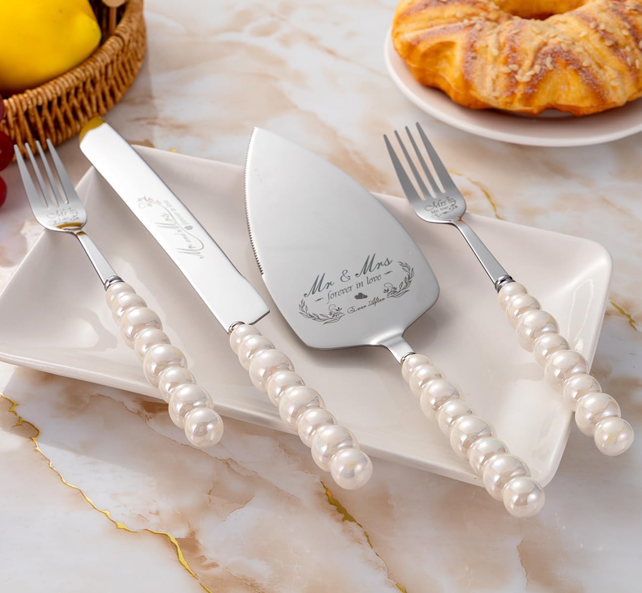 Wedding Cake Knife and Server Set, Ceramic Pearl Handle Cake Cutting Set for Wedding Gifts Bridal Shower Gifts Engagement Gifts for Couples