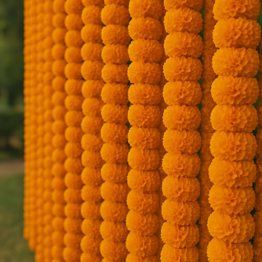 Marigold Garlands for Decorations - Wedding, Halloween, Day of The Dead Pack of 5 - Indian Decor for Pooja, Flower Garland for Decoration (4 to 4.5 Ft) Hashcart®