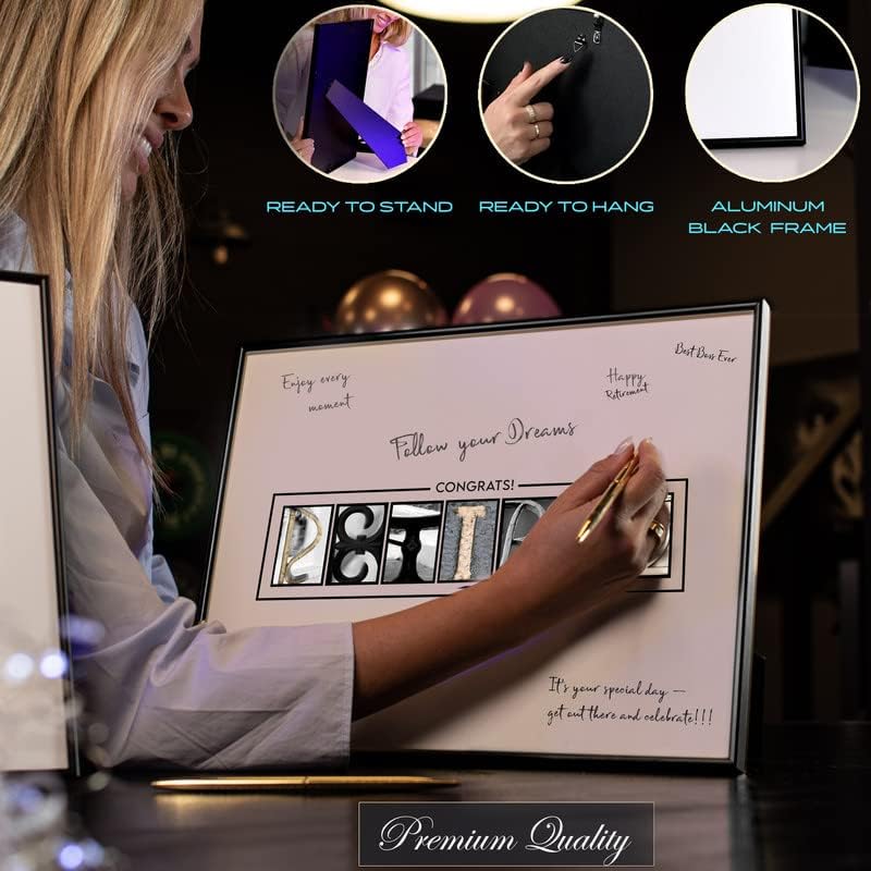 Framed Retirement Decorations Guest Book for Men 12"x16" Black Frame, Party Decor - including Gold Pen & Acrylic Glass - Happy Retirement Card Centerpieces, Retired Party Decor Gifts for Him