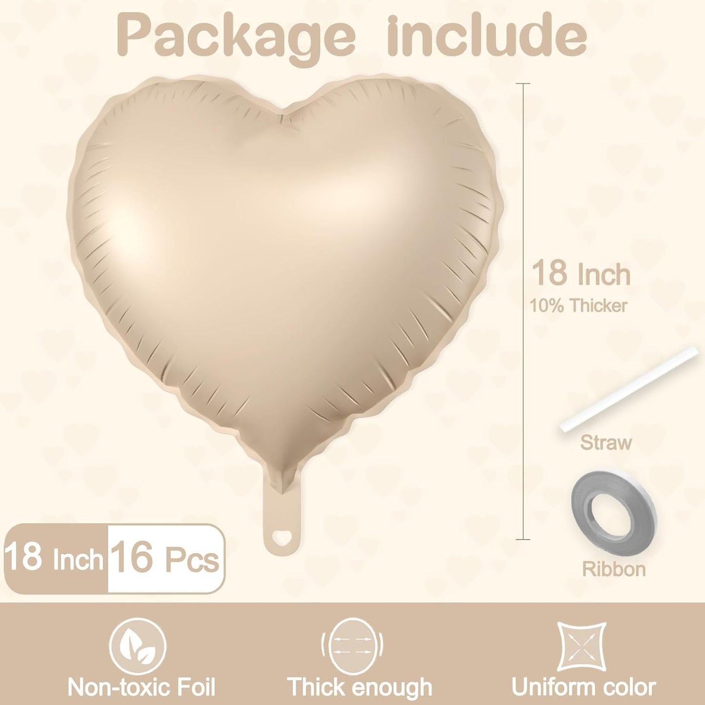 16 Pcs Heart Balloons, 18 Inch Beige Love Heart Shaped Foil Balloons for Wedding Anniversary Birthday Party Valentine Decorations Baby Shower Bridal Shower Engagement Decorations Supplies