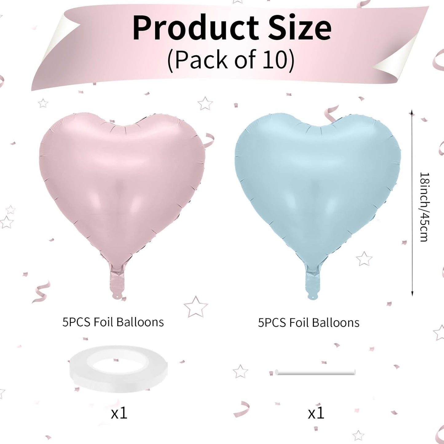 Pink Blue Heart Balloons, 18 Inch Pastel Blue Pink Foil Balloons, 18 Inch Light Pink and Blue Heart Shape Balloon for Girls Boys Birthday Baby Shower Gender Reveal Party Decorations