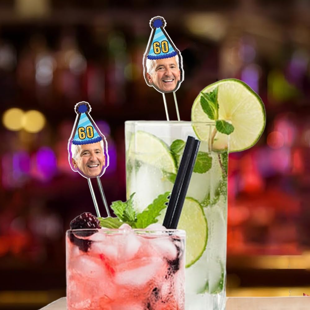 Custom 50 Pcs 50th To 90th Birthday Face Photo Drink Stirrers, Personalized Face Cutout Stir Sticks, 60th 70th 80th Birthday Party Decorations, Decor For Retirement, Graduation Parties