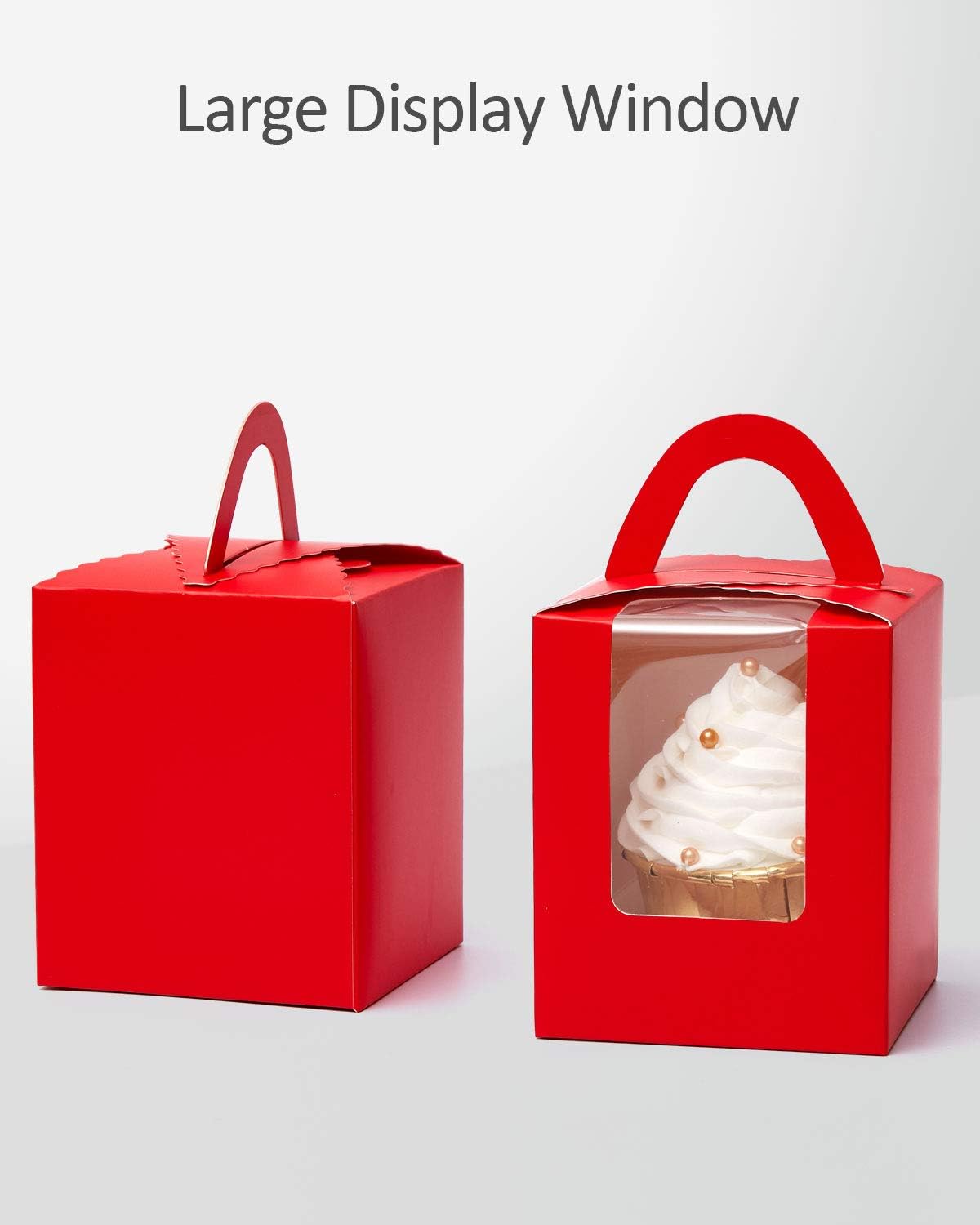 qiqee Red Cupcake Boxes Individual Cupcake Holders Disposable 50pcs Single Cupcake Boxes with Window 3.6 * 3.6 * 4.3inch Cupcake Containers
