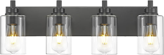 4-Light Bathroom Light Fixtures, Black Vanity Light with Cylinder Clear Glass Shade, Modern Vanity Lighting Fixtures Over Mirror, VL143-MB-4
