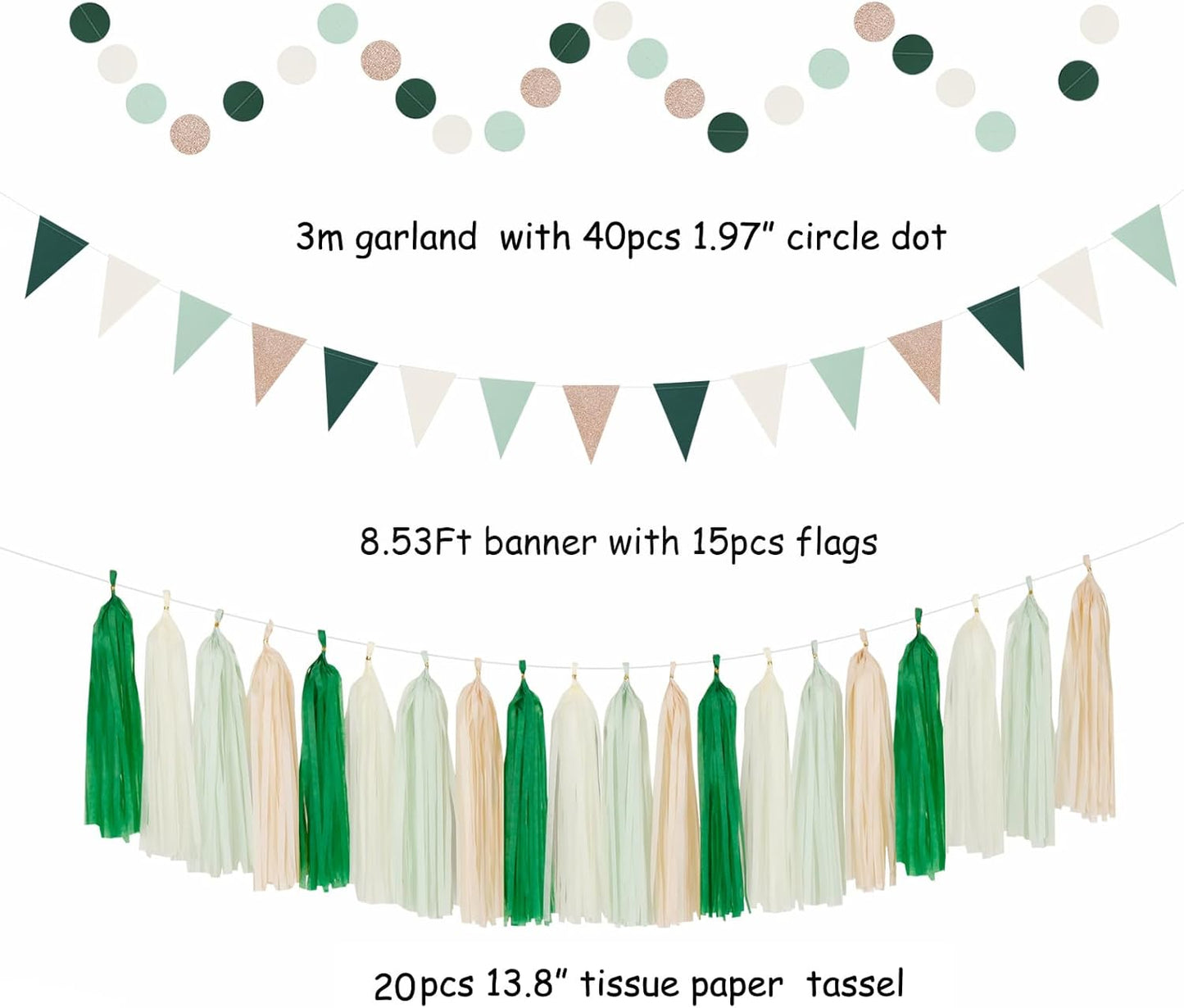 Olive-Sage Green Beige Champagne-Gold Party-Decorations - 33pcs Rustic Banner,Streamers Tassel Garland,Tissue Pom Poms,Paper Lantern Fans,Boho Neutral Baby Shower Birthday Bridal Decor Hugtmr
