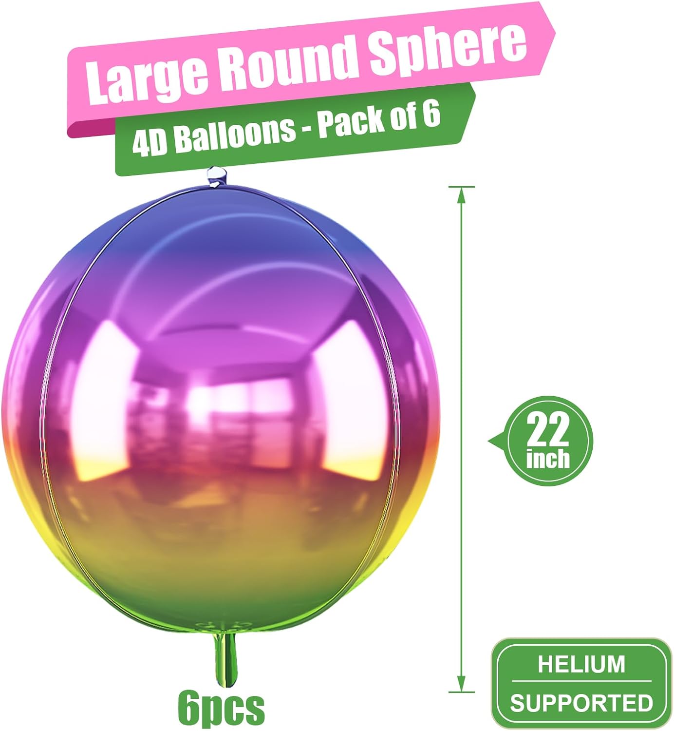 6Pcs Gradient Rainbow Round Foil Balloons, 22" Large Helium Colorful Ball Balloon, Metallic Multicolor Iridescent Mylar Balloon for Birthday Graduation Wedding Anniversary Disco Prom Party Decorations