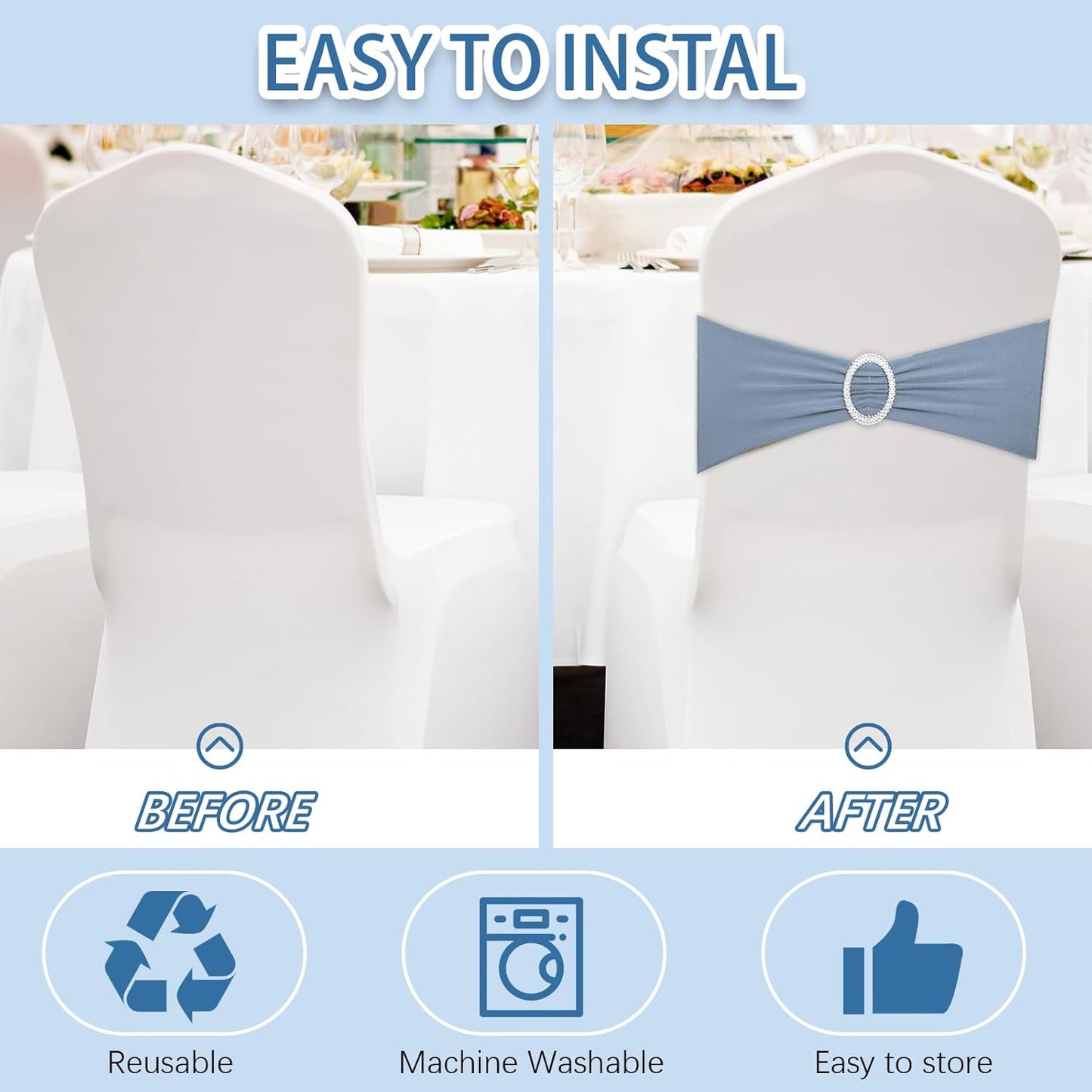 CHENGU 150 Pieces Spandex Stretch Chair Sashes Bows Elastic Chair Cover Bands Ties with Buckle Slider for Wedding Party Reception Events Universal Ceremony Banquet Decorations(Dusty Blue)